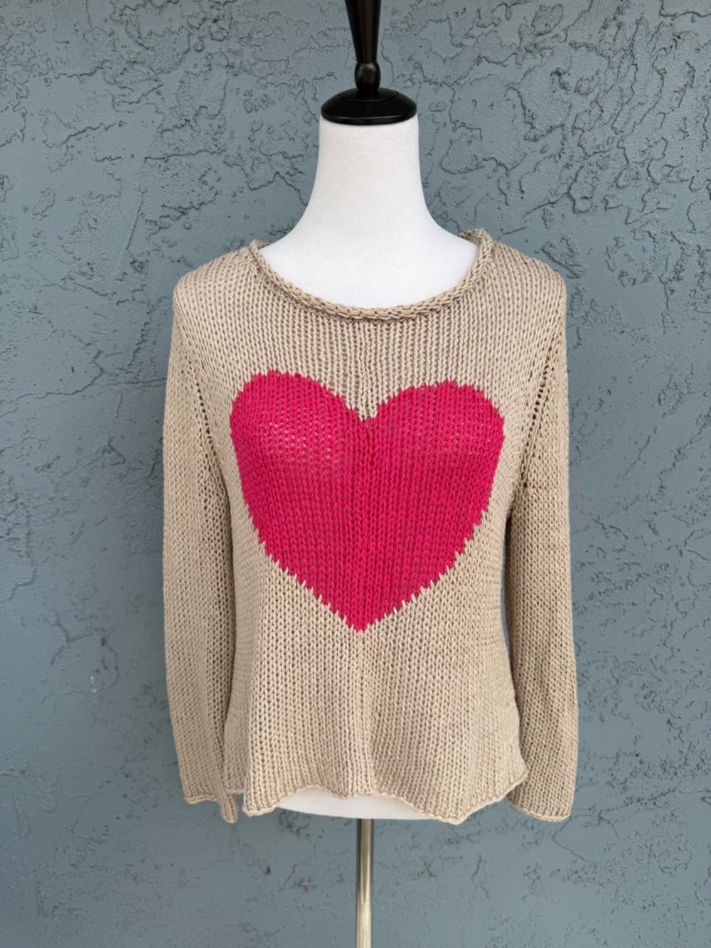 Wooden Ships Tan Relaxed Fit Sweater with Pink Heart Graphic Cotton Blend XS
